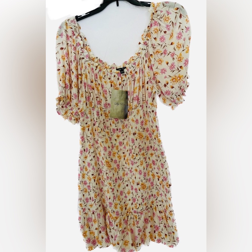 Lily Rose Pink Floral Mini Dress Balloon Sleeve Smocked Cottagecore Small NWT